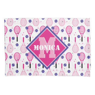 With name & initial, pink & purple tennis rackets pillow case