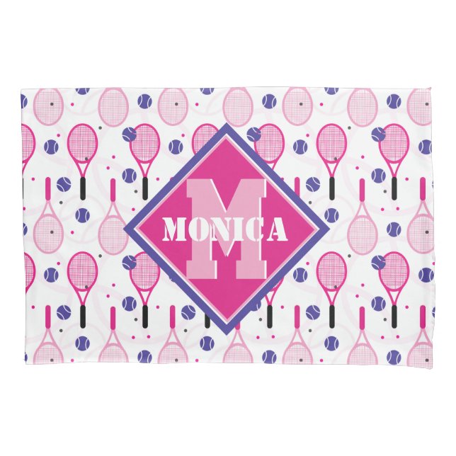 With name & initial, pink & purple tennis rackets  pillow case (Front)