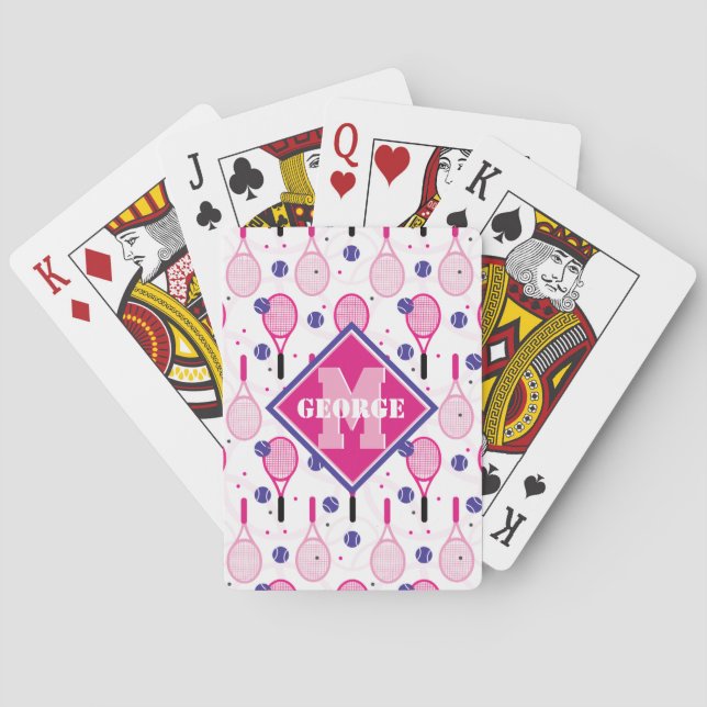 With name & initial, pink & purple tennis rackets poker cards (Back)