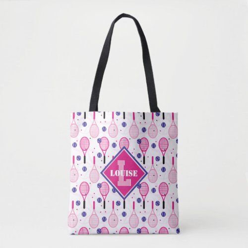 With name  initial pink  purple tennis rackets tote bag