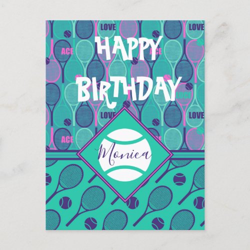With name Minty and purple tennis birthday Postcar Postcard