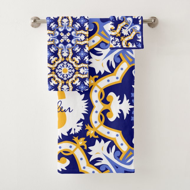 With name💙💛 periwinkle, blue and yellow Azulejos Bath Towel Set (Insitu)