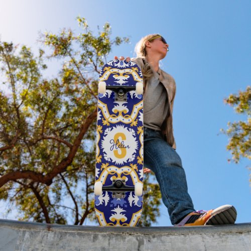 With name💙💛 periwinkle, blue and yellow Azulejos Skateboard