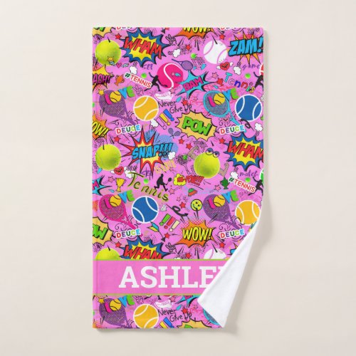 With name   pink Eclectic tennis pattern  Hand Towel