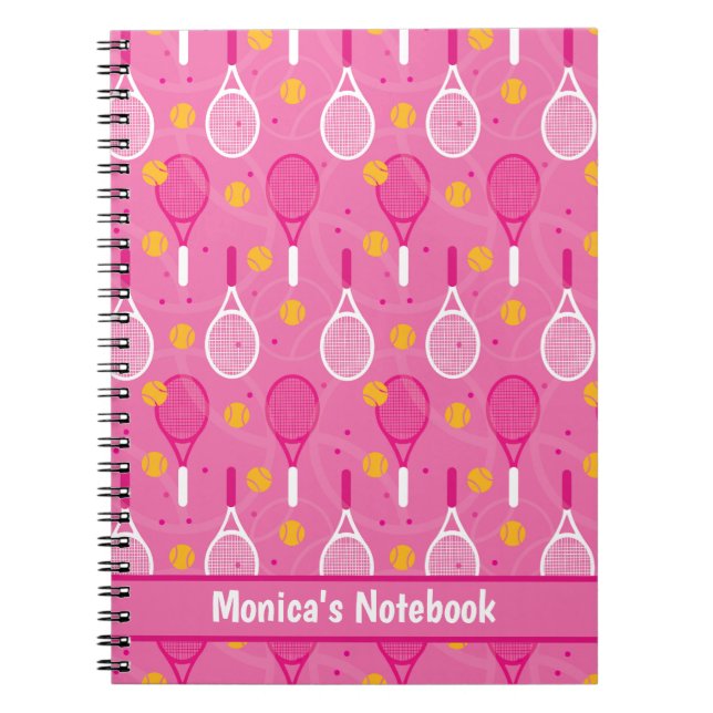With name Pink & white tennis racket pattern Notebook (Front)