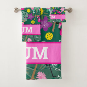 🦩🦩🦩 with name, Tropical party with pickleball,  Bath Towel Set