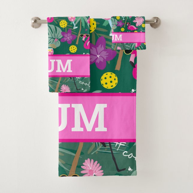 🦩🦩🦩 with name, Tropical party with pickleball,  Bath Towel Set (Insitu)