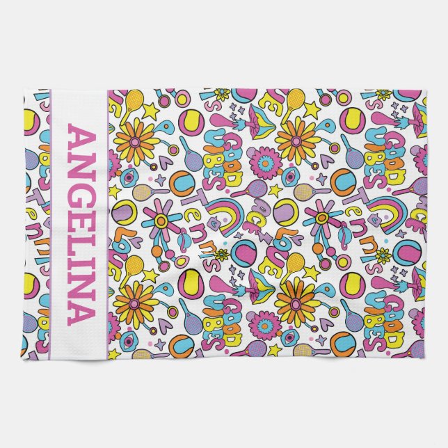 With name🎾groovy pastel tennis kitchen towel (Horizontal)