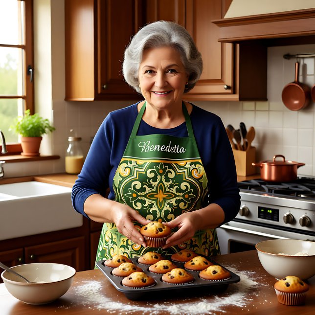 With own name💚💛 olive and yellow Azulejos Apron (With own name💚💛 olive and yellow Azulejos Apron)