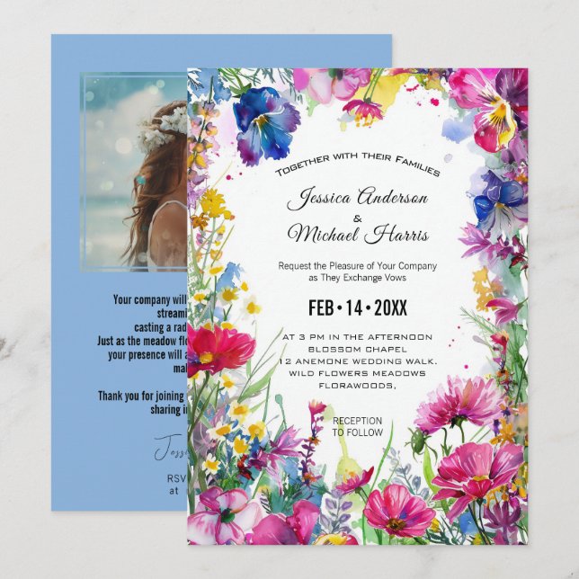 With photo, blue Meadow Blooms Invitation (Front/Back)