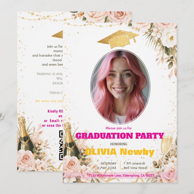🎓With QR code Pink & Floral Celebration Grad Invitation (Front/Back)