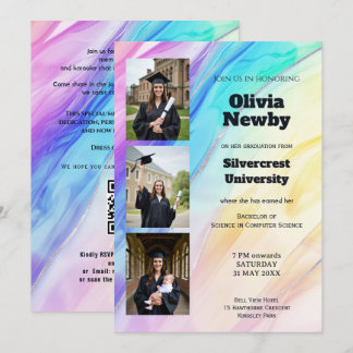 🎓With QR Code Rainbow Marble Graduation Party Invitation