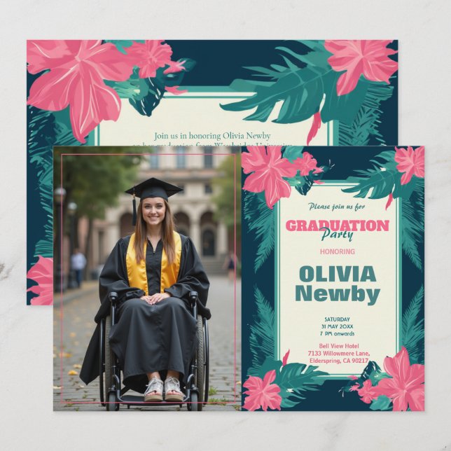 🎓With QR code Tropical Bloom Photo  Invitation (Front/Back)