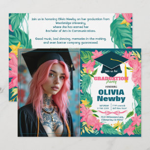 🎓With QR code Tropical Bloom Single‑Photo  Invitation