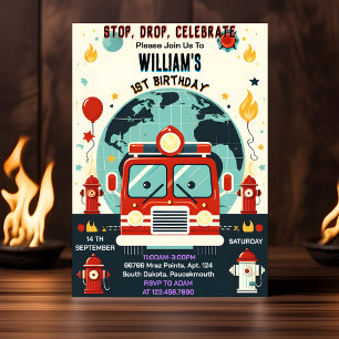With Red Hot Fire Truck Engine Safety 1st birthday Invitation
