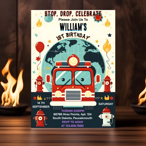 With Red Hot Fire Truck Engine Safety 1st birthday Invitation