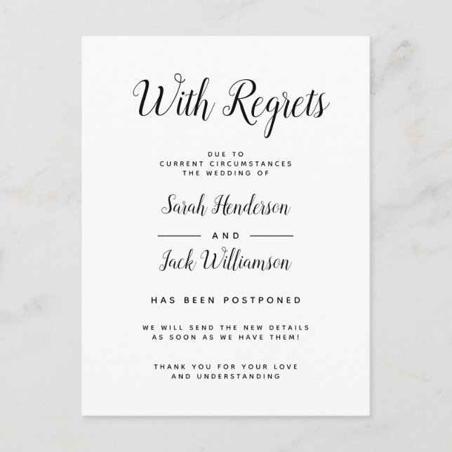With Regrets B&W Postponed Wedding Announcement (Front)