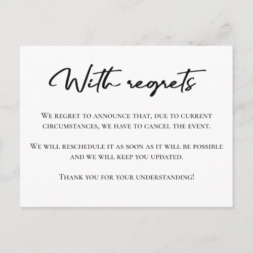 With regrets black and white cancel announcement postcard