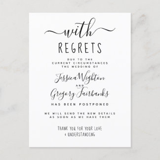 With Regrets Black & White Postponed Wedding Invitation Postcard