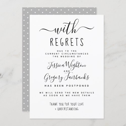 With Regrets Black  White Wedding Postponed Invitation