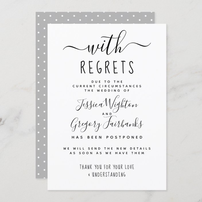 with-regrets-black-white-wedding-postponed-invitation-zazzle