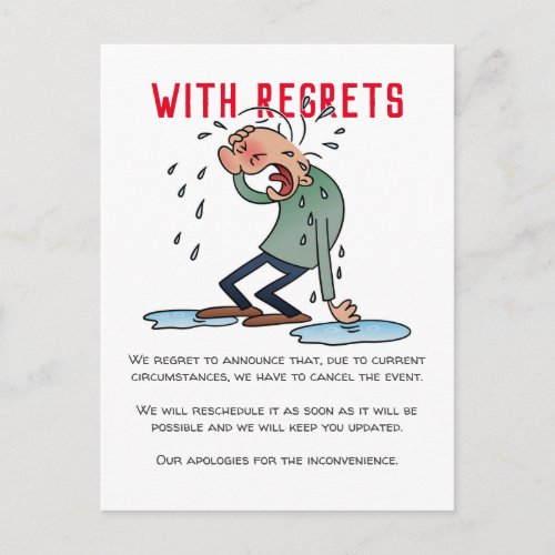 With Regrets Postponed Event Cancellation Cartoon Postcard