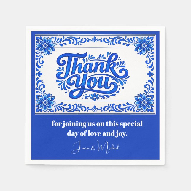 With text Azul & Limone Romance Azul Tile Napkins (Front)