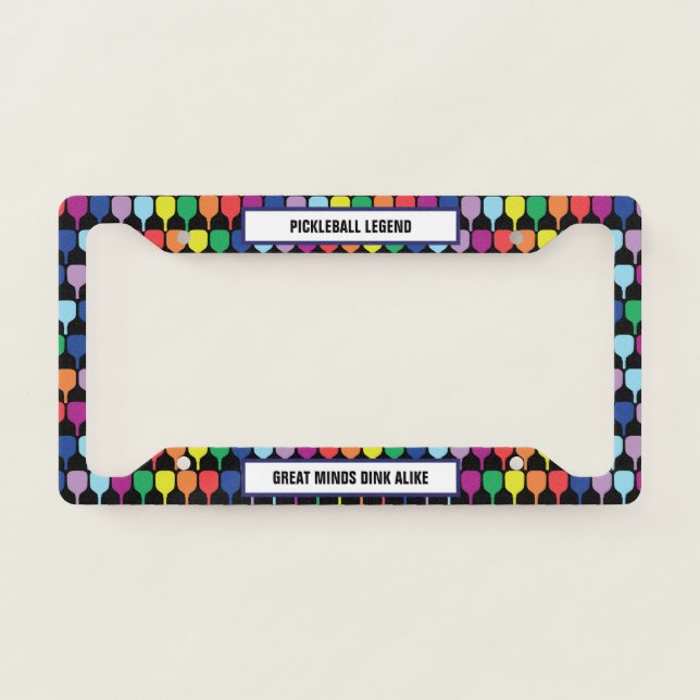With text Colorful pickleball paddles 💚❤️💛💙 License Plate Frame (Front)