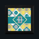 With text Green, yellow and grey tennis pattern Gift Box<br><div class="desc">Custom text,  Green,  white,  grey and yellow tennis ball and tennis racket on checked background. Great as a gift  for tennis player</div>