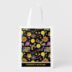 With text, Groovy, retro 90s, black Grocery Bag