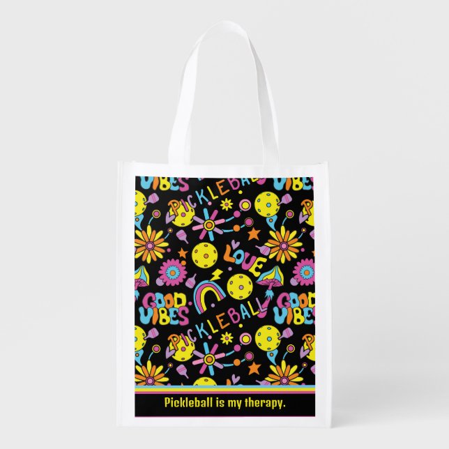 With text, Groovy, retro 90s, black Grocery Bag (Front)