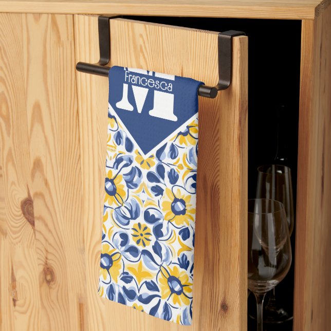 With text & initial 💛💙 Blue and yellow, floral  Kitchen Towel (Thirds Fold)