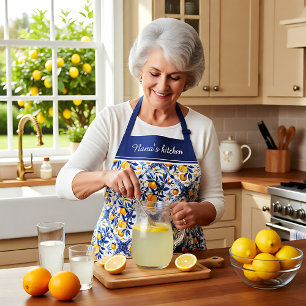 With text 🍋 Lemon Azulejo with blue elements Apron