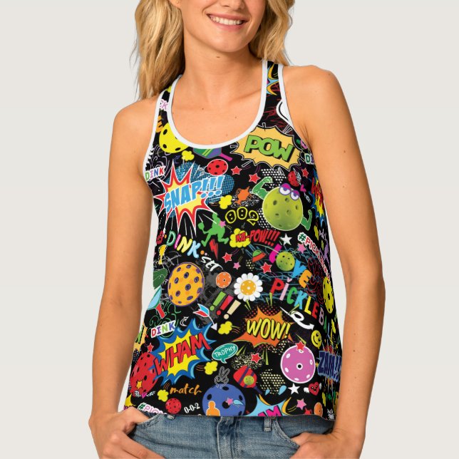 😍With text mixed pickleball black Tank Top (Front)