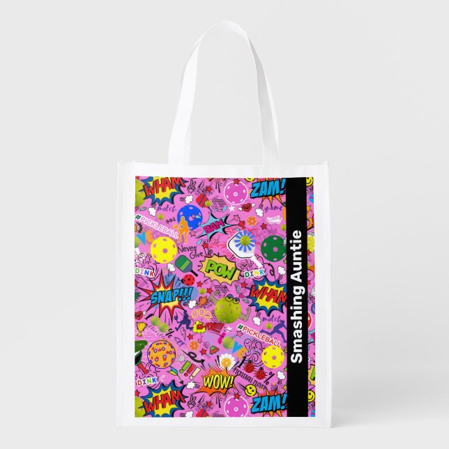 😍With text mixed pickleball pink  Grocery Bag (Front)