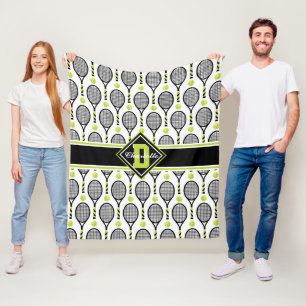 With text🎾& monogram Black and green tennis white Fleece Blanket