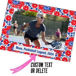 With text Pickleball red pickleball & red poppies Magnetic Frame
