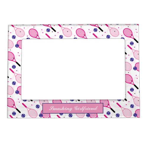 With text pink  purple tennis rackets magnetic frame