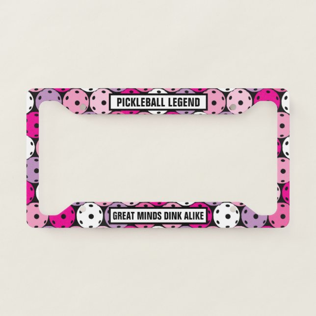 With text Pink, white and purple pickleballs,   License Plate Frame (Front)