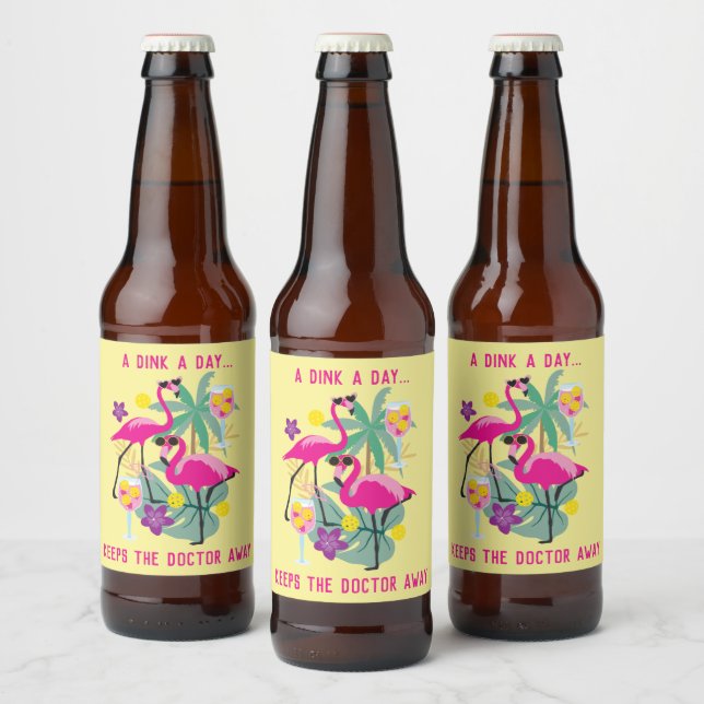 With text Summer Pickleball 🤩Tropical party  Beer Bottle Label (Bottles)