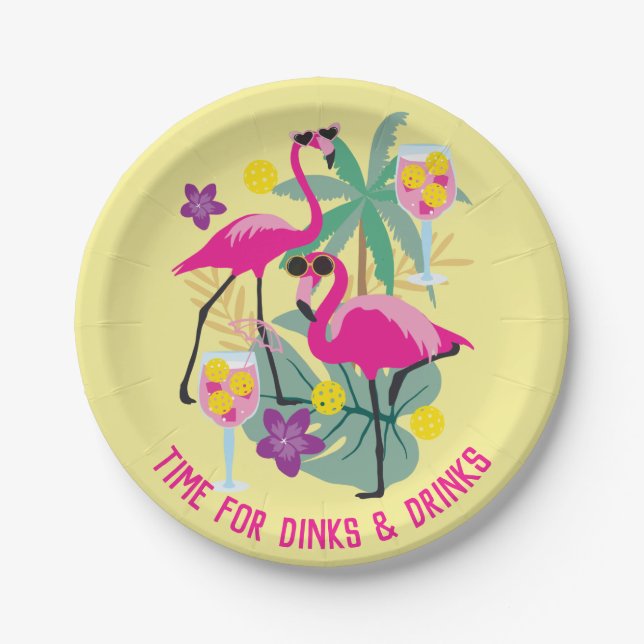 With text Summer Pickleball 🤩Tropical party  Paper Plates (Front)