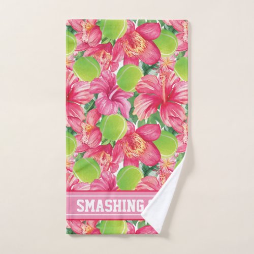 With text Tropical tennis with hibiscus  Hand Towel