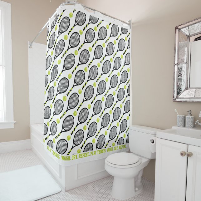 With text🎾Black and green tennis🎾 white  Shower  Curtain (In Situ)