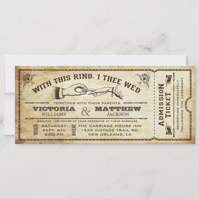 With This Ring, Vintage Wedding Ticket Invitation (Front)