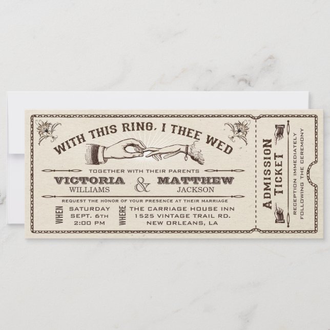 With This Ring, Vintage Wedding Ticket Invitation (Front)