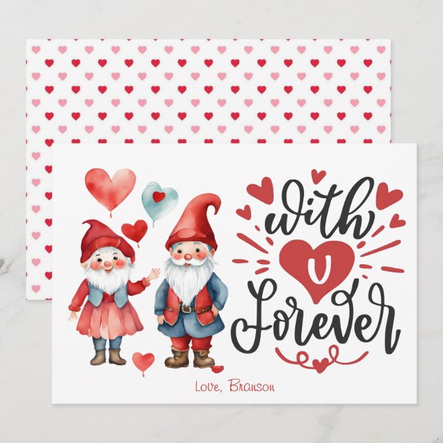 "With U Forever" Cute Gnome Couple Valentines Card (Front/Back)