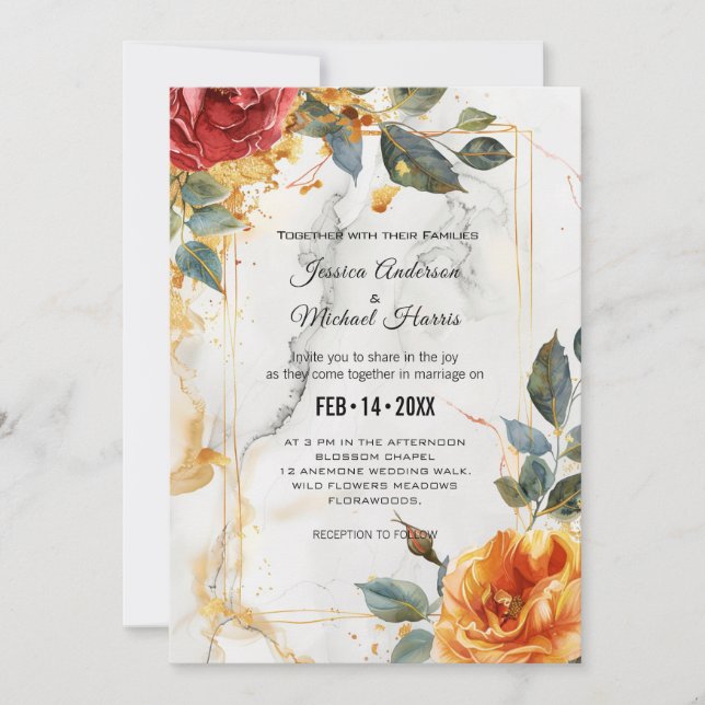 With Wedding details Marble Dreams: Orange Rose  Invitation (Front)