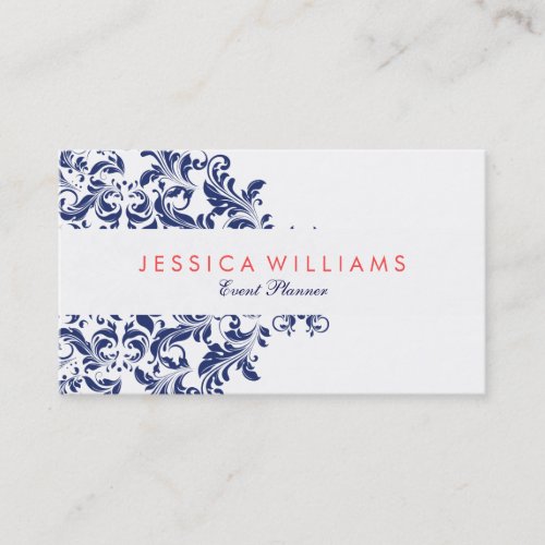 Withe And Navy Blue Floral Lace Business Card