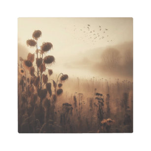 Withered Sunflowers Beneath Autumn Fog Horizon Metal Print