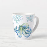 Witty Blue Watercolor Octopus Coastal Latte Mug<br><div class="desc">Add coastal style to your home with my witty latte mug in blue and white, featuring my octopus art in shades of blue with coral and the words Seas The Moment in hand lettered script typography. Personalize the words to Seas The Day or however you like. Watercolor Artwork by Victoria...</div>